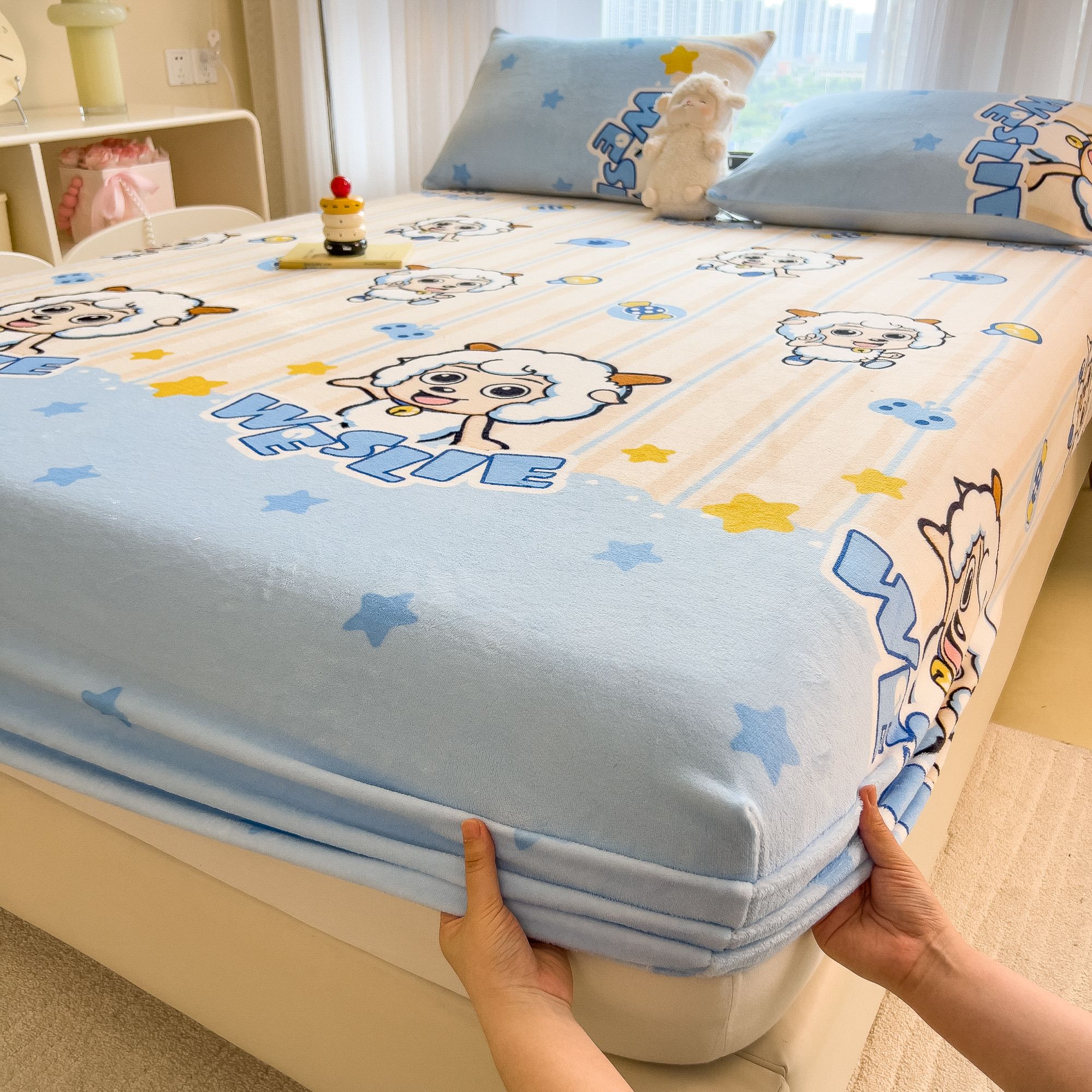 喜洋洋牛奶绒床笠单件冬季席梦思保护套家用宿舍加厚保暖防尘床罩