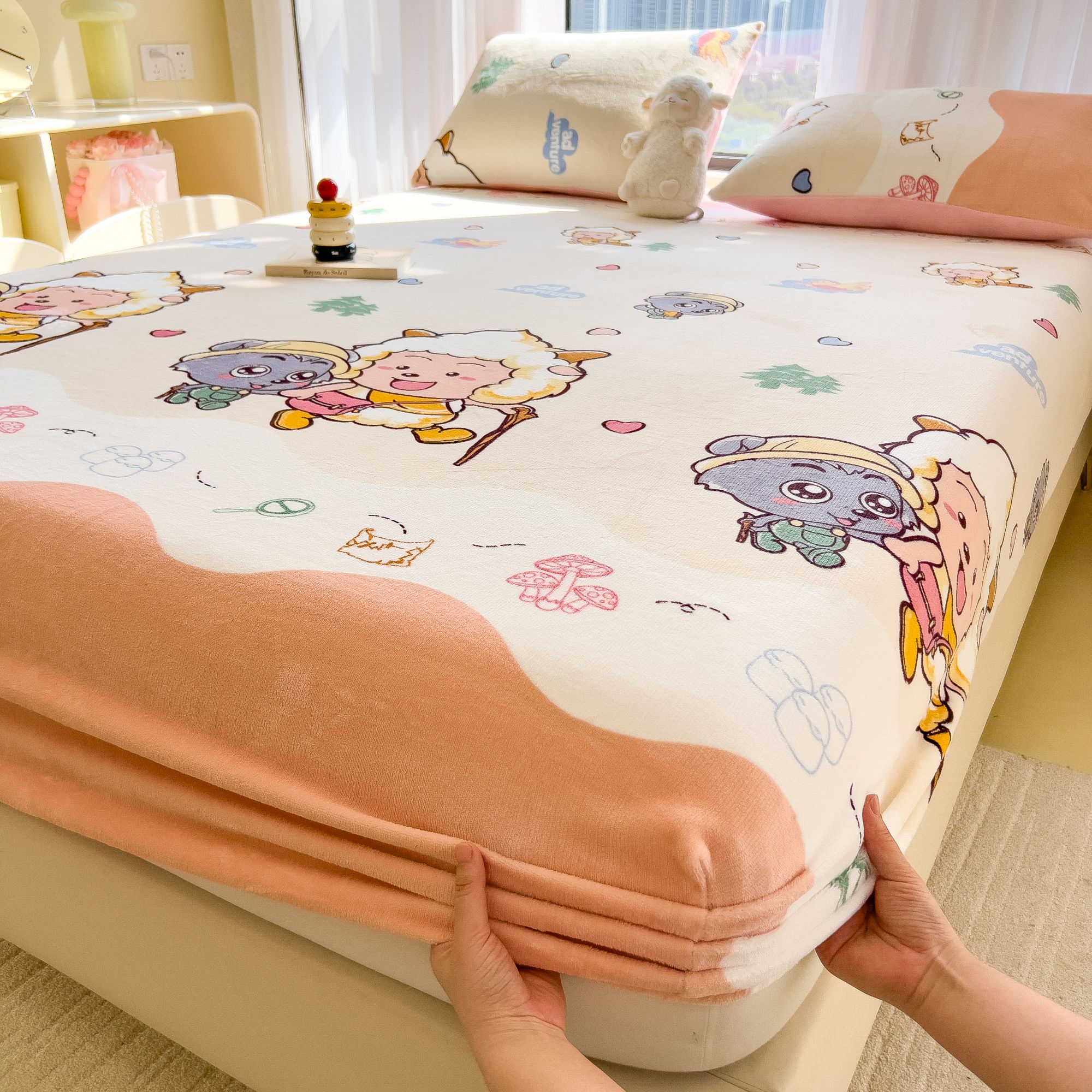 喜洋洋牛奶绒床笠单件冬季席梦思保护套家用宿舍加厚保暖防尘床罩