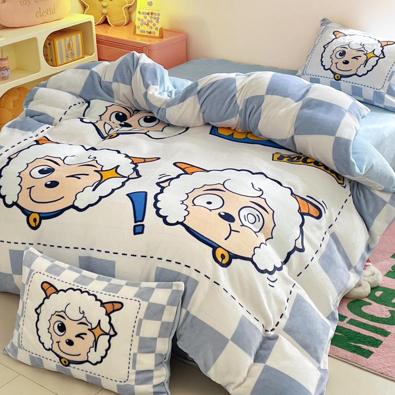 牛奶绒套件加绒加厚亲肤保暖家用宿舍用床单被套冬天被罩卡通套件