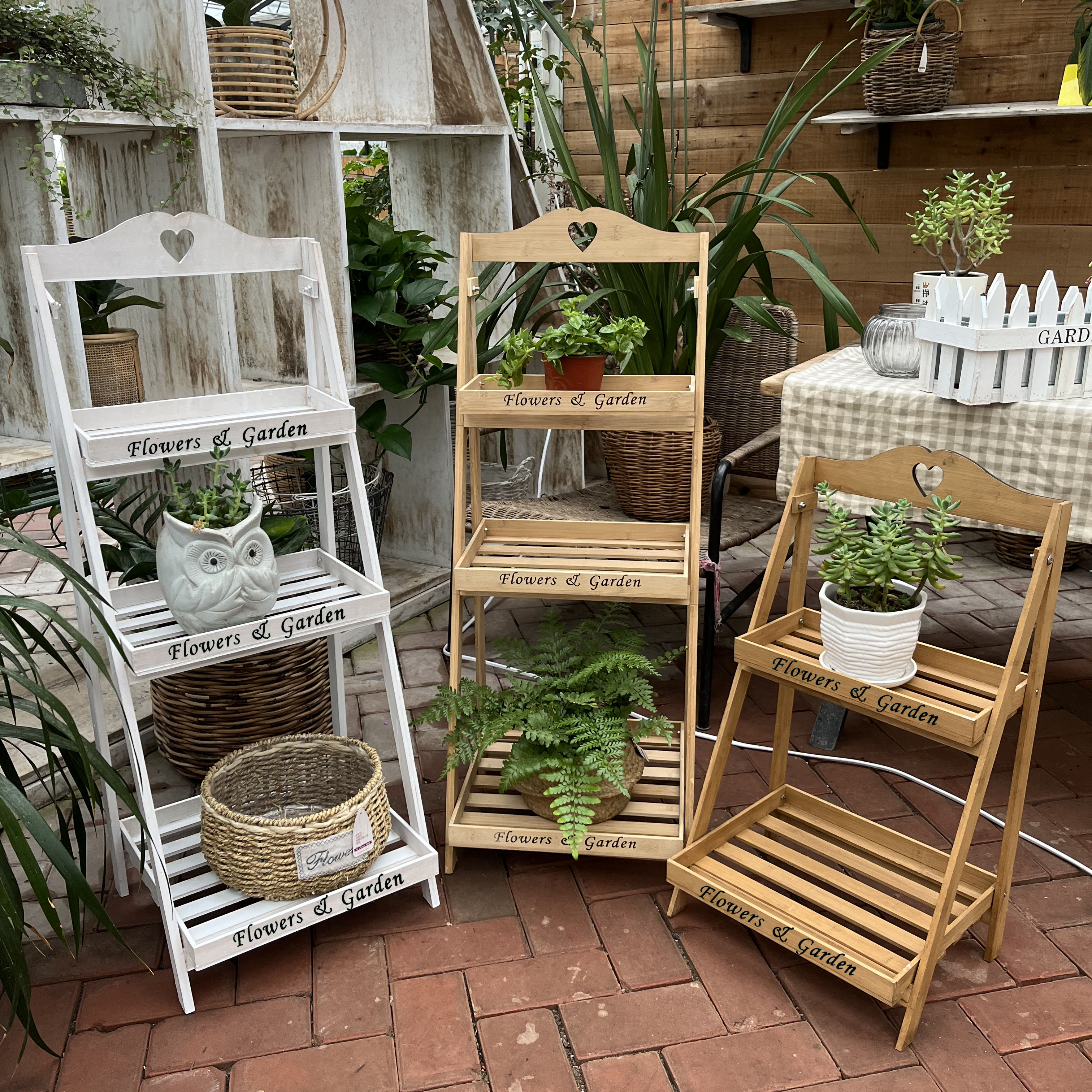 美式乡村复古竹板花架几阶梯落地式多层方形置物架子阳台花台美式