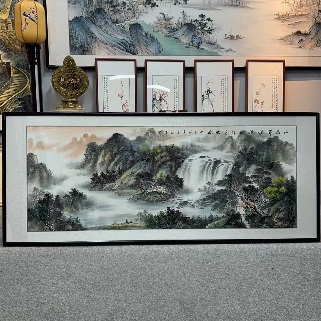 纯手绘-山为翠浪涌208*86新中式国画挂画沙发客厅背景墙装饰画