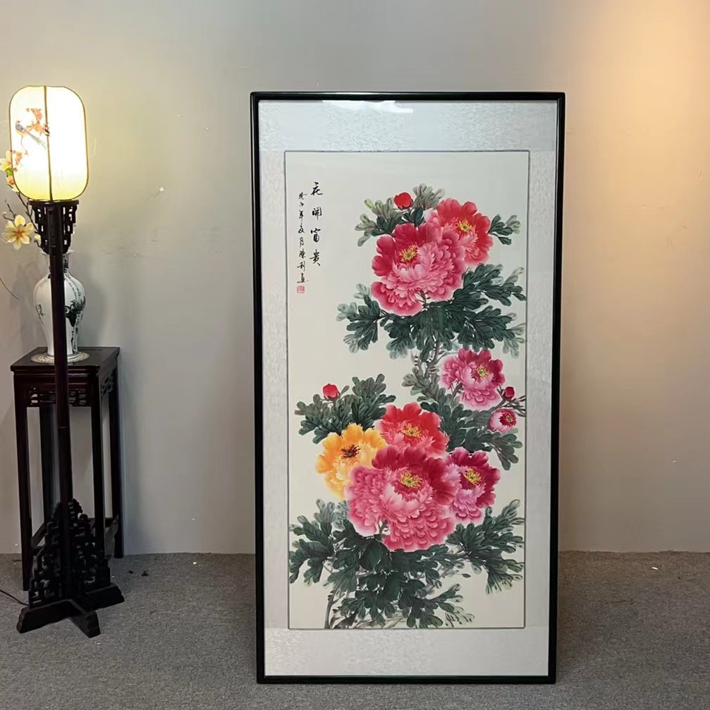纯手绘-花开富贵中间150*80+两边对联150*40定制中堂