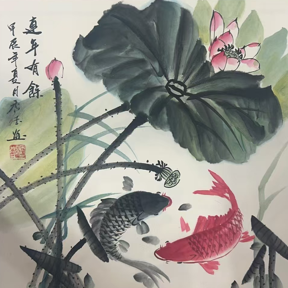 纯手绘-60*60连年有鱼抖方新中式国画挂画沙发客厅背景墙装饰画