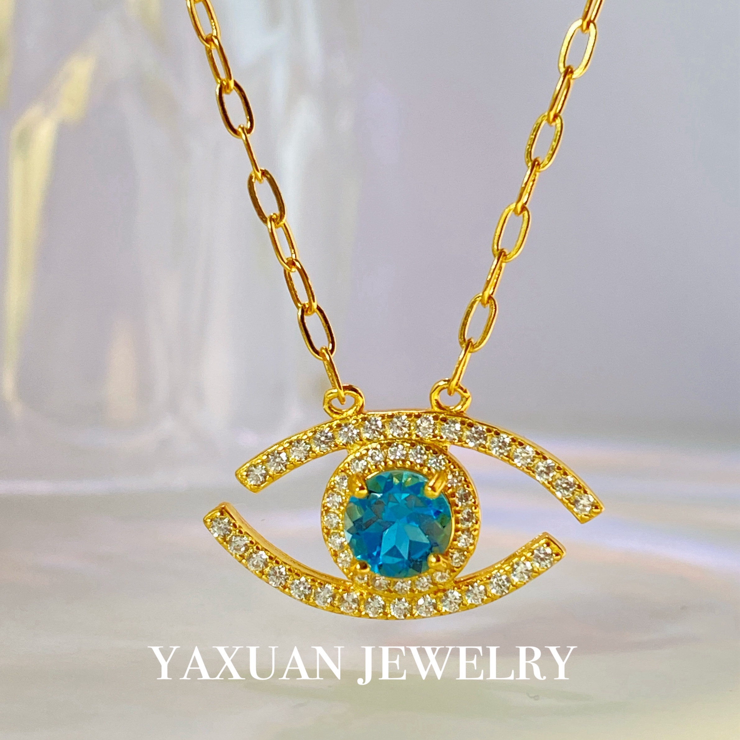 气质时尚百搭天然托帕石吊坠项链S925银镶嵌小众精致坠链闺蜜礼物