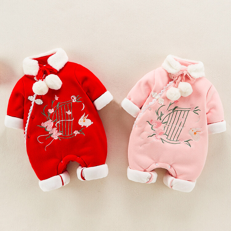 婴儿衣服秋冬装加厚中国风女宝宝连体衣汉服满月公主哈衣冬季爬服