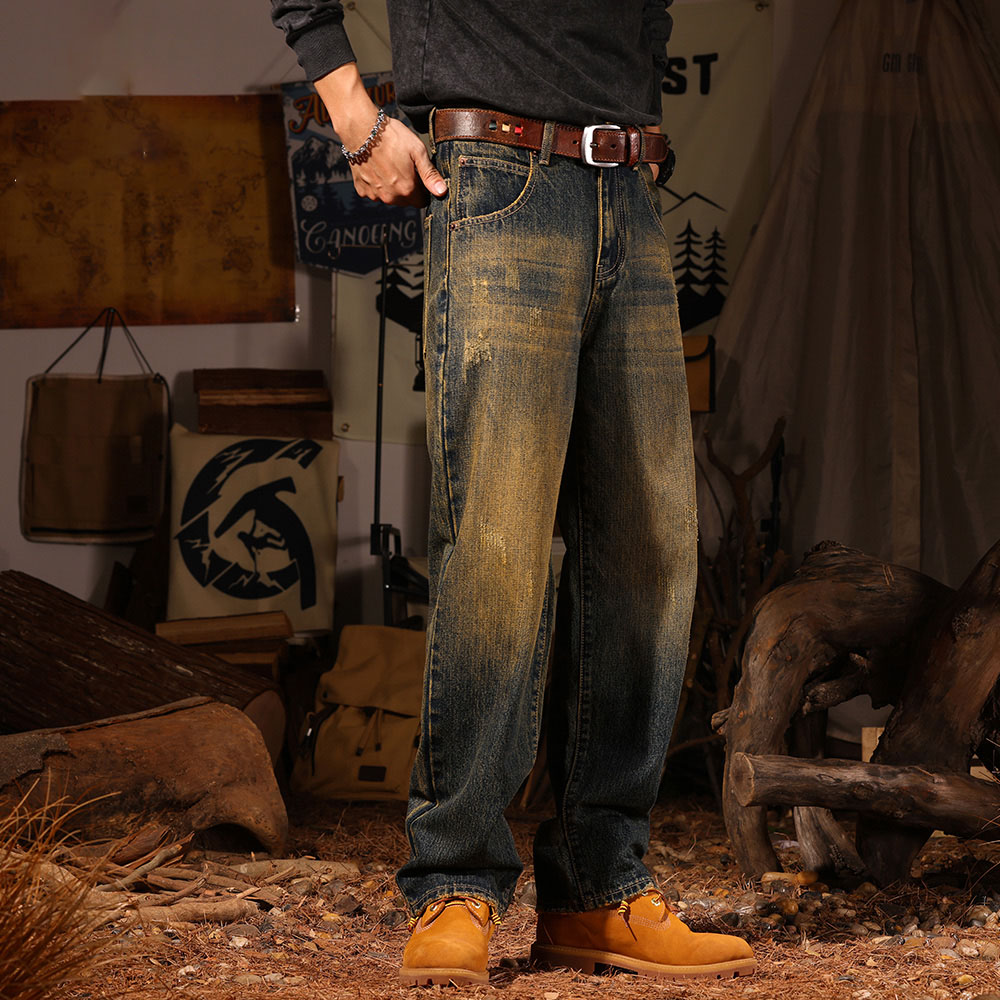 美式高街牛仔裤男加厚宽松直筒复古潮牌水洗垂坠感冬季加绒长裤子