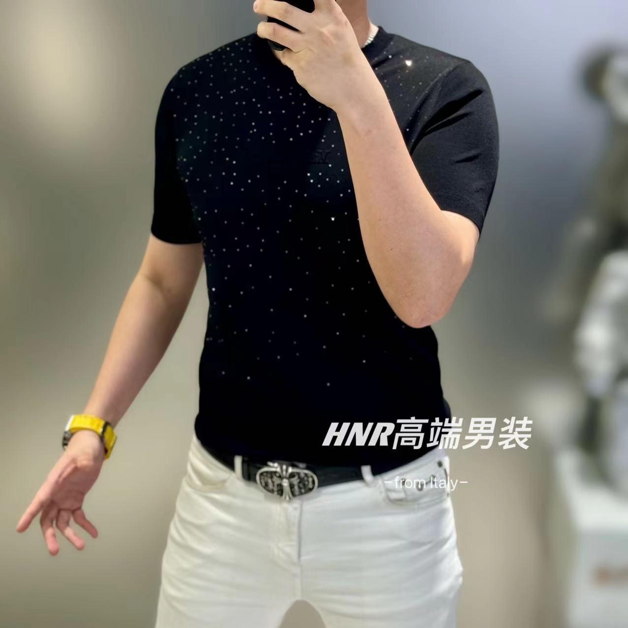 烫钻满天星针织T恤高端新款男士百搭休闲时尚高品质短袖23101
