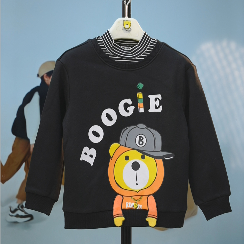 卜吉熊男童女童长袖圆领印花加绒T恤秋冬款儿童洋气休闲加厚保暖