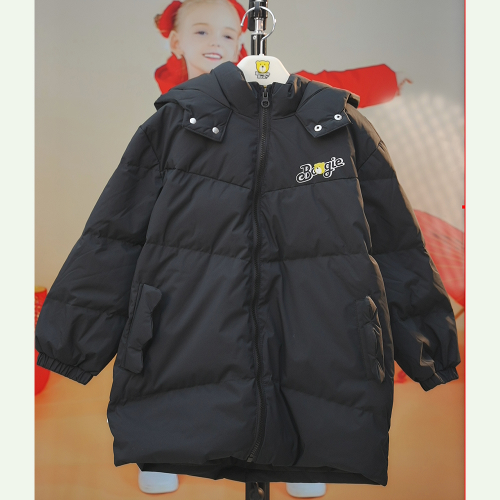 卜吉熊儿童时尚保暖中长款连帽羽绒服黑色冬款