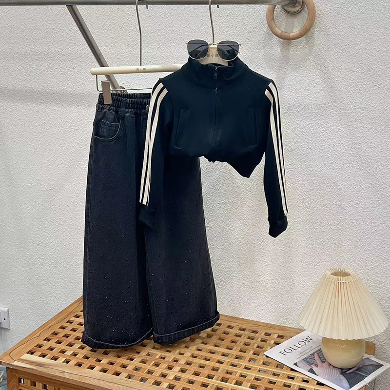 女童牛仔阔腿裤套装春秋款2025新款儿童秋装女大童洋气外套两件套