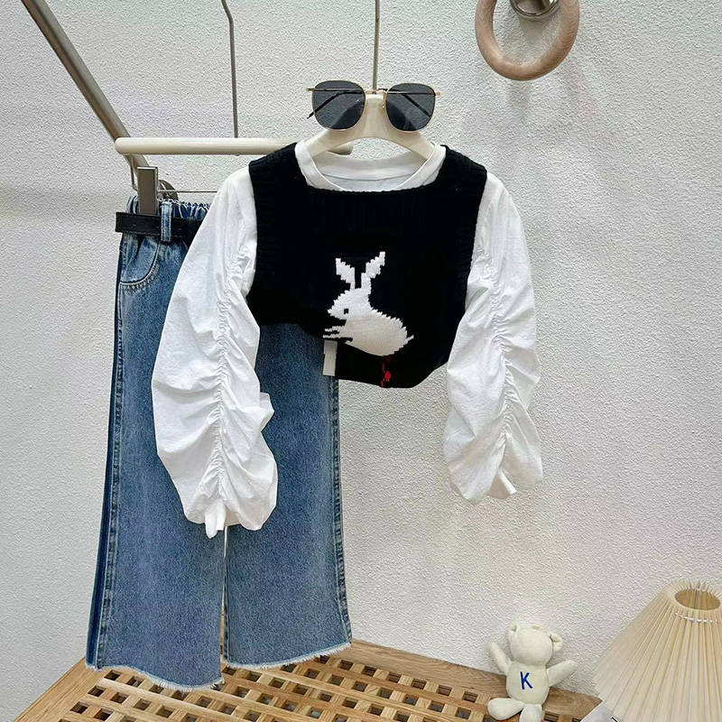 女童秋装牛仔裤春秋两件套中大童2025新款儿童阔腿裤马甲裤子套装