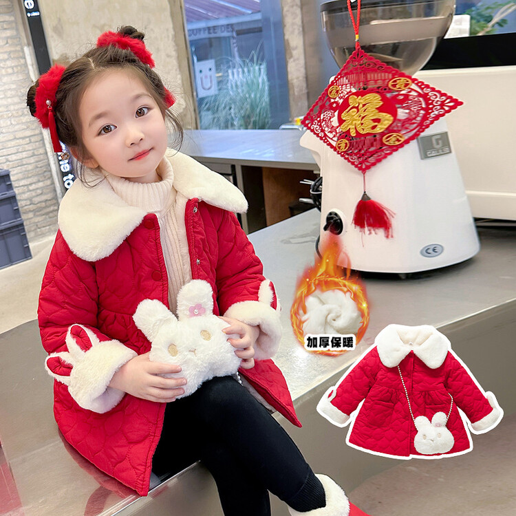 女童棉衣外套冬装加绒加厚女宝宝红色棉袄拜年服小兔子新时尚棉服