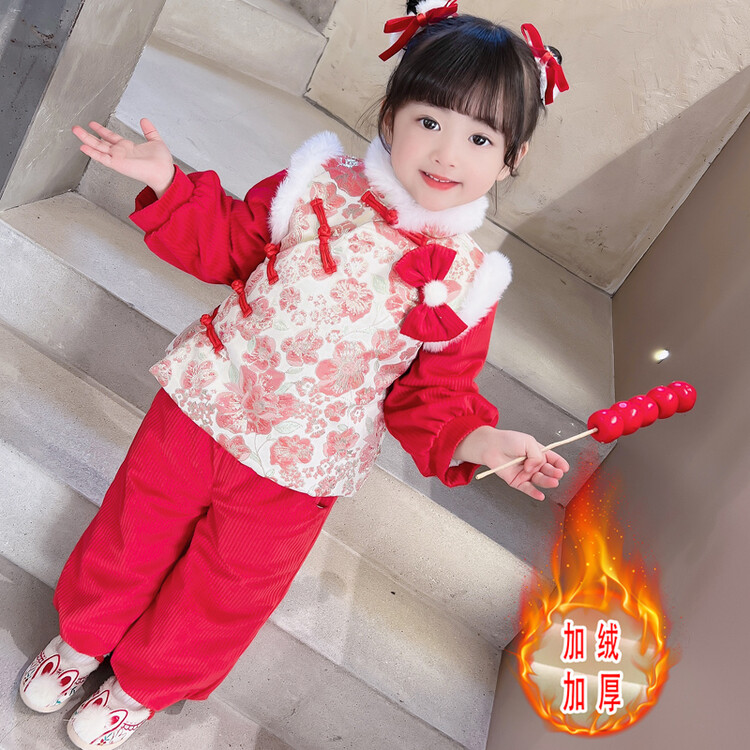 女童冬款加绒新款唐装套装女宝宝加厚2023兔年衣服儿童红色拜年服