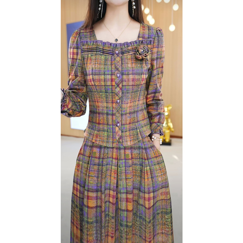 【两件套】上衣+半身裙方领收腰显瘦气质时尚花色套装裙子M-4XL