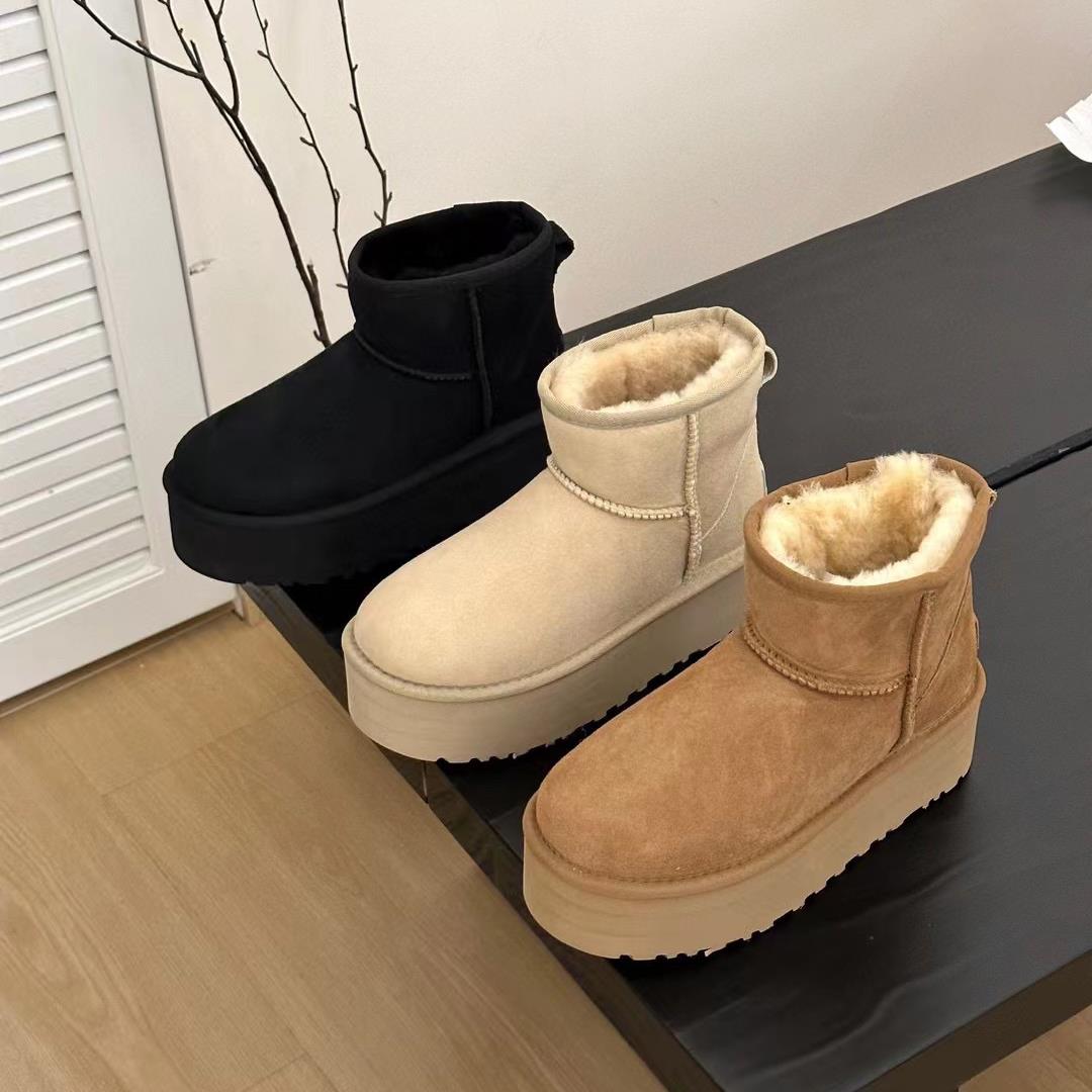 秋冬新款真皮厚底雪地靴女增高经典款5854松糕短筒加绒加厚棉鞋