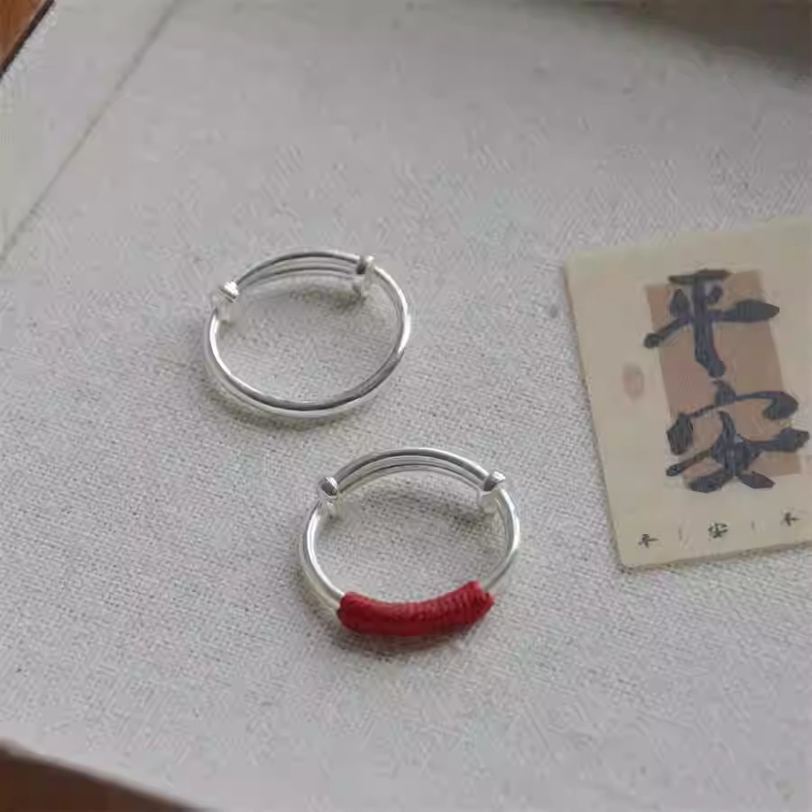 足银戒指 纯银999相思红线戒指缠绕线推拉素圈戒调节情侣红绳编织