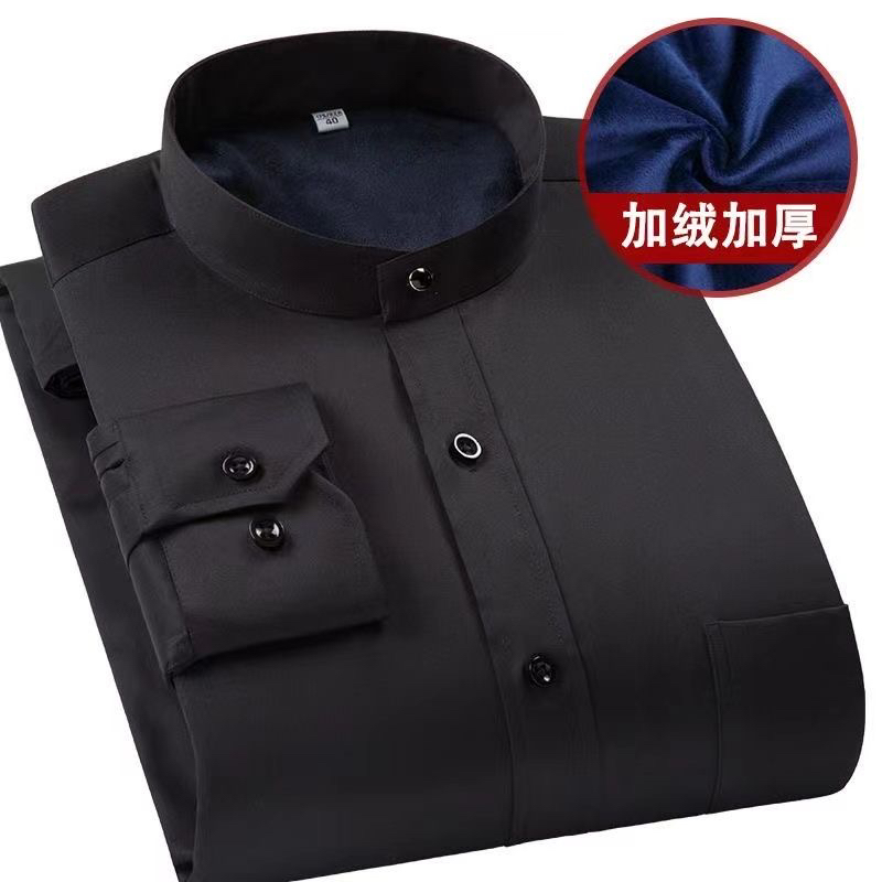 全棉中华立领衬衣男士加绒加厚保暖衬衫丝光棉中山领圆领爸爸衬衣
