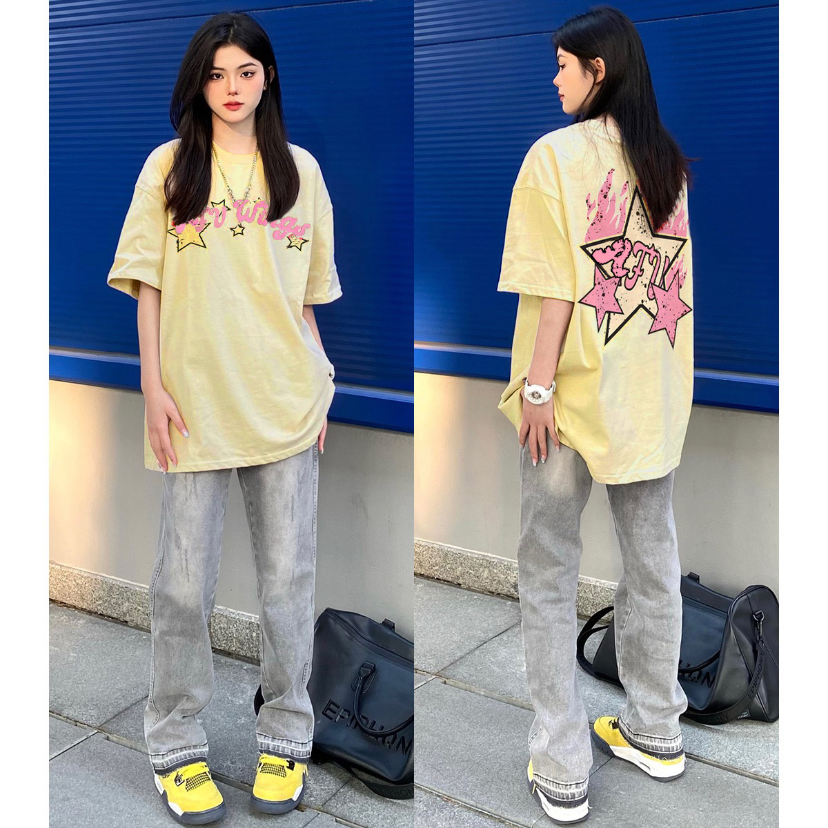 美式高街vibe风星星火焰印花纯棉短袖T恤女夏季宽松百搭情侣上衣
