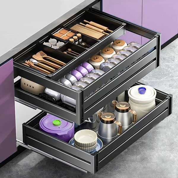 工厂新款高端厨房橱柜双层抽屉式碗碟拉篮全铝合金橱柜改造通用