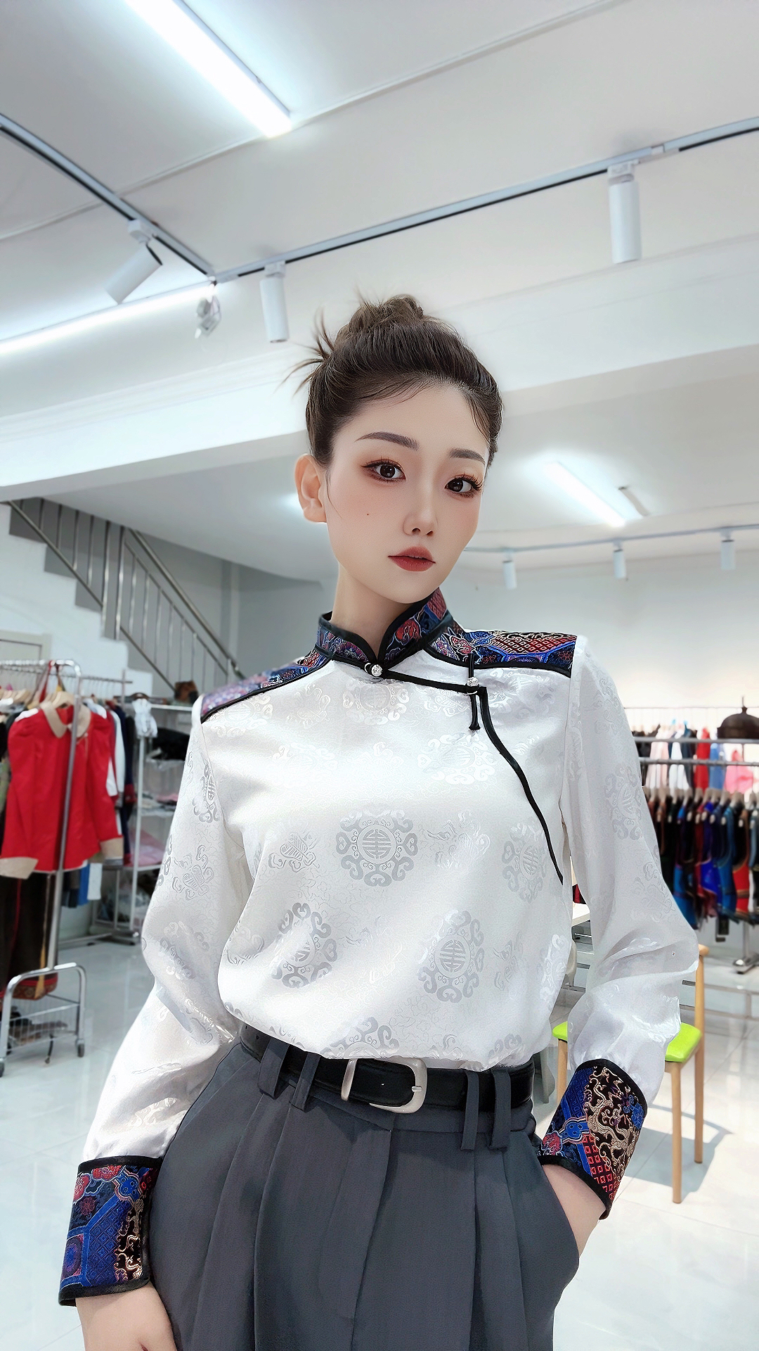 蒙古元素拼接衬衫