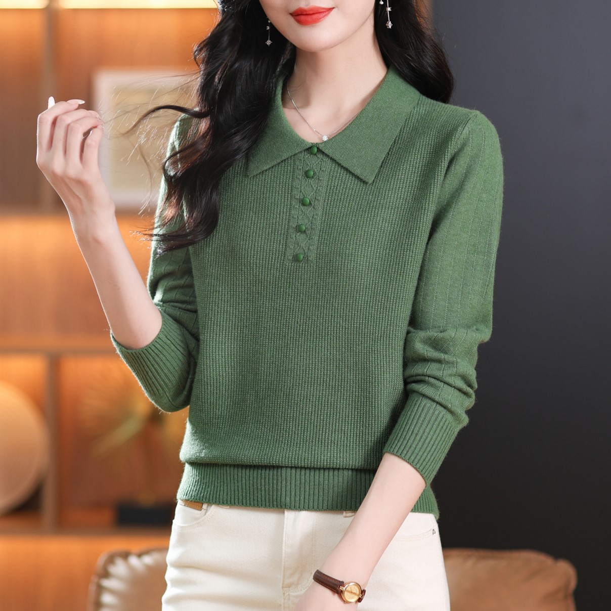 【绵羊毛衫】秋季新款纯色时尚女款宽松显瘦短款套头翻领外搭针织衫