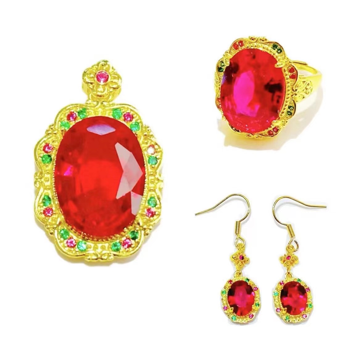 【喜喜珠宝】匠心培育红宝石镶嵌合金三件套吊坠+戒指+耳环