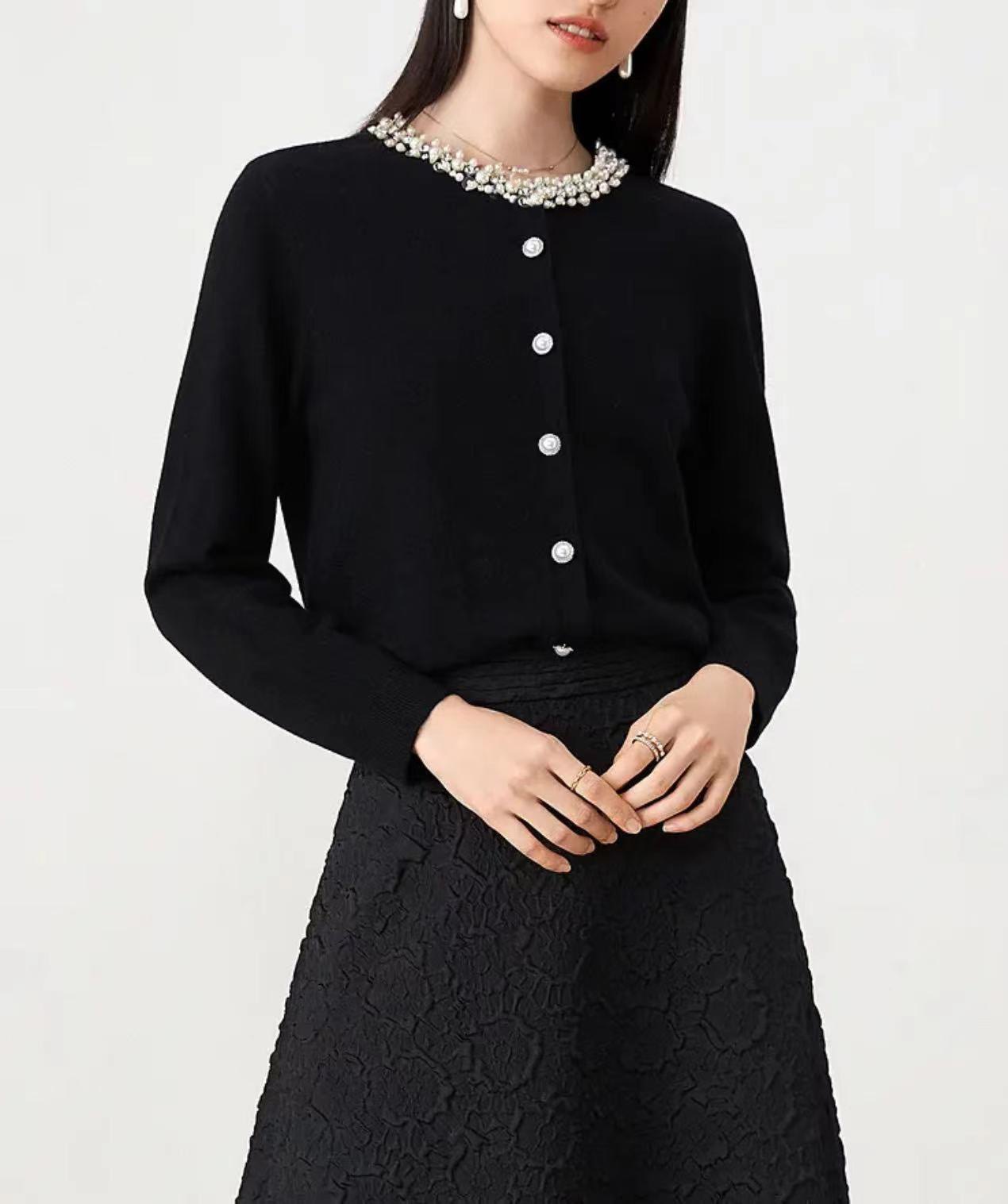 【星月神话】凯文春秋季黑灰经典手工钉珠百搭针织长袖开衫