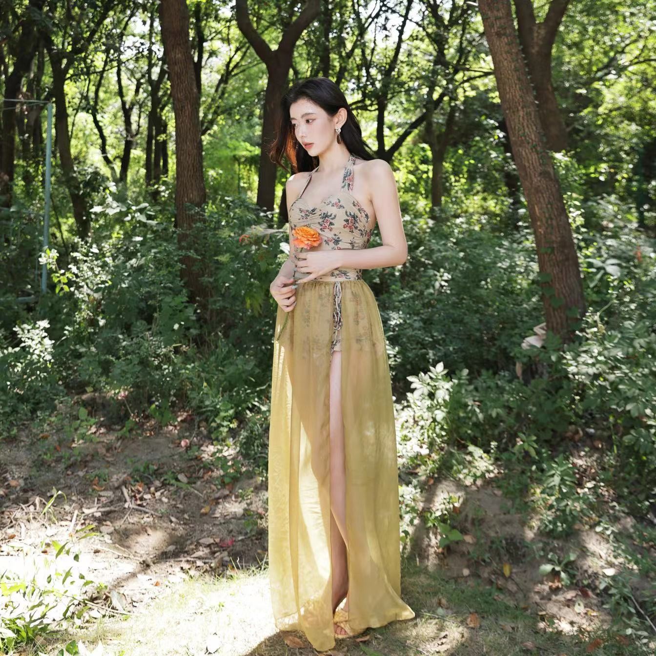 ####【林间月】时尚连体裙式女泡温泉泳衣显瘦海边度假泳装2338
