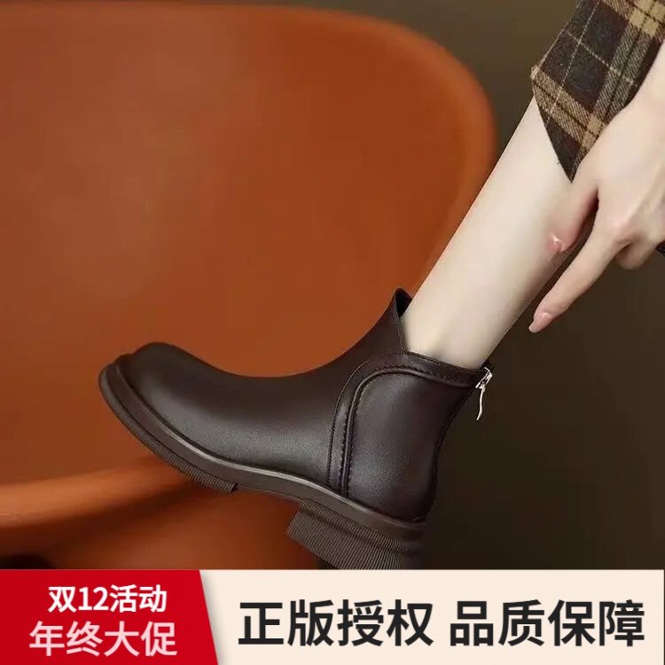 品牌断码切尔西靴女2023新款春秋单靴软底圆头棕色短靴子女法式小