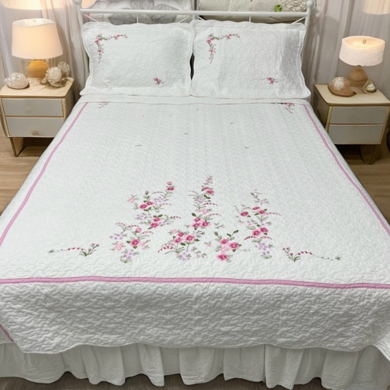 出口韩国绣花棉多用被床盖三件套双面加厚韩式夹棉机洗绗缝被绣花