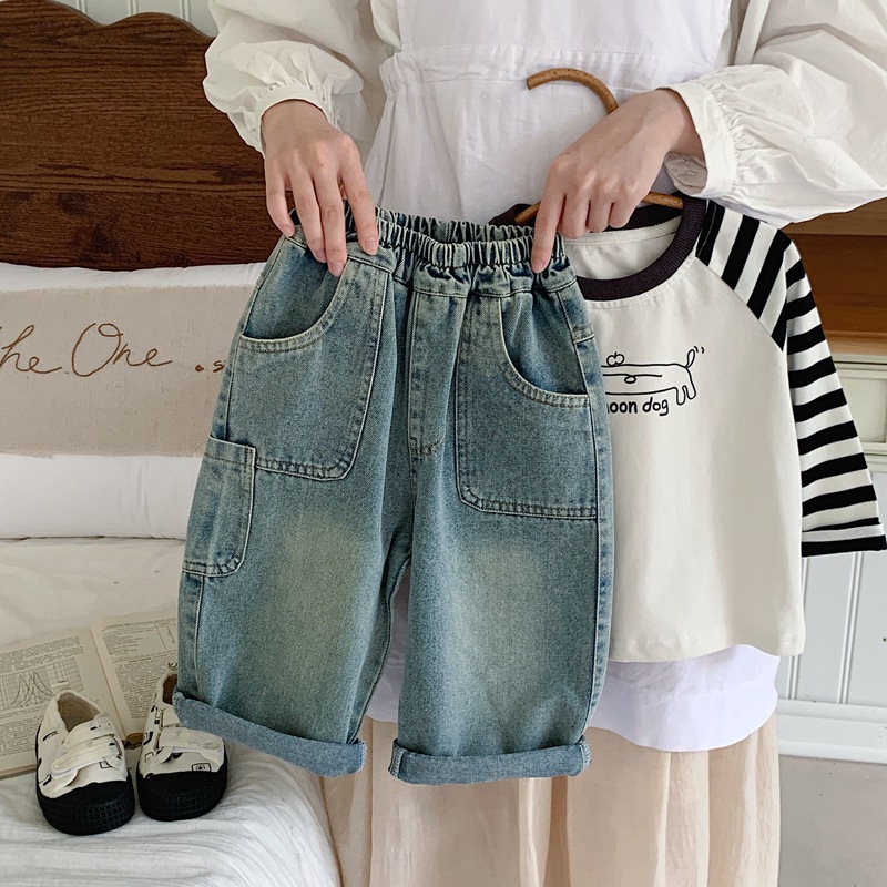 男童秋季长裤复古做旧牛仔裤儿童直筒裤韩版宽松男孩潮酷日系春秋