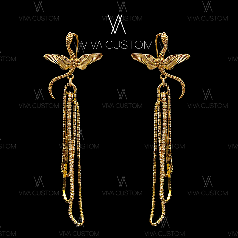 合金合成锆石耳饰 （素金系列）飞蛇流苏耳拍