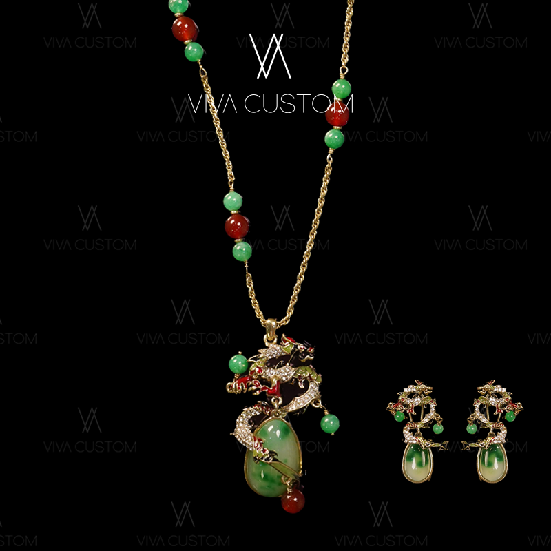 铜合金合成锆石耳饰 新中式系列 气质高级盘龙套装