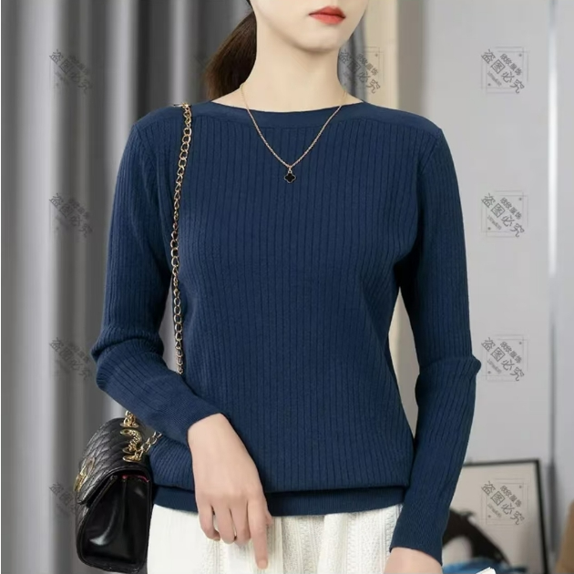 【超值现货】新款一字领女士长袖针织衫显瘦百搭时尚纯色打底毛衣