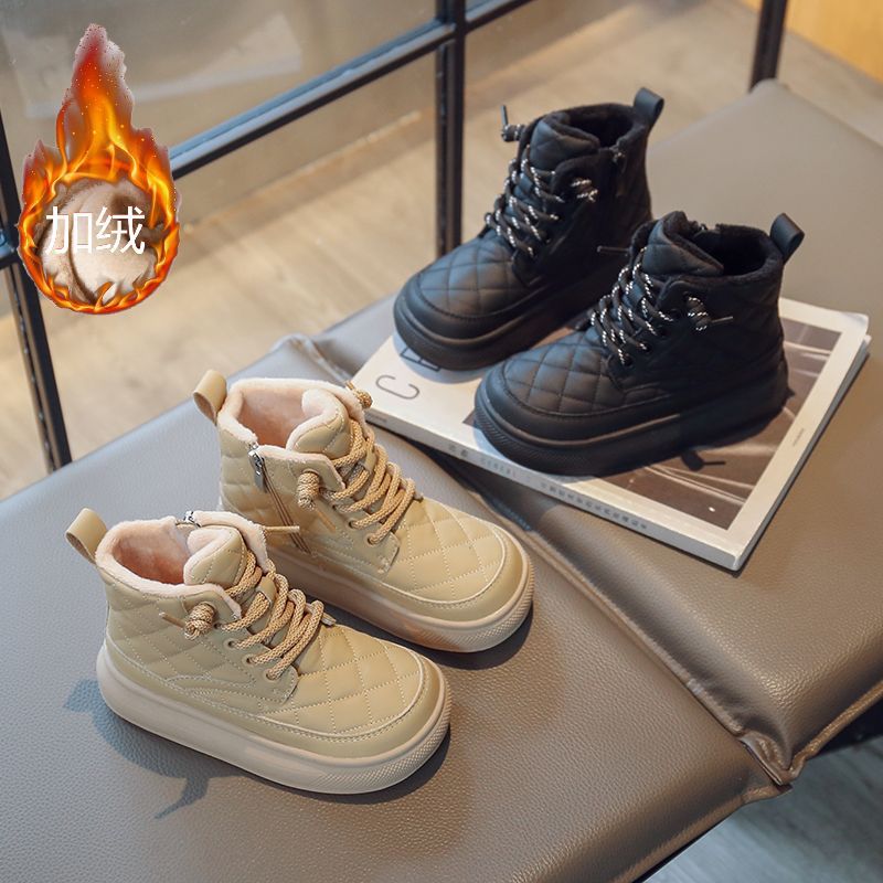 儿童皮靴2023年冬季新款加绒二棉保暖加厚格子男女童马丁靴