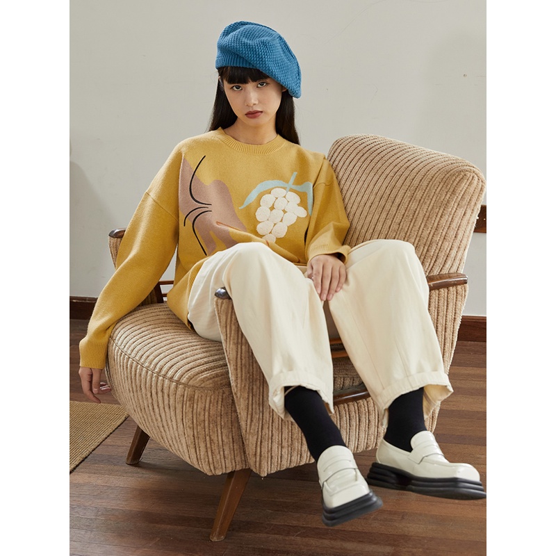  复古刺绣提花女秋冬外穿宽松慵懒风毛针织衫上衣1EA0821M12XQ