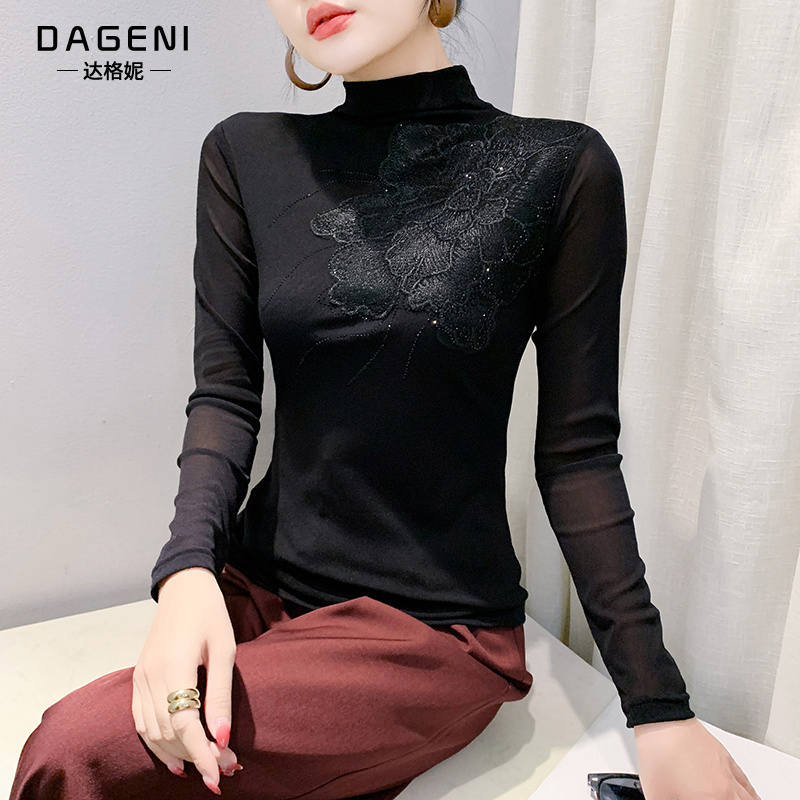 欧货半高领网纱烫钻长袖t恤女春秋季时尚修身显瘦打底衫蕾丝上衣