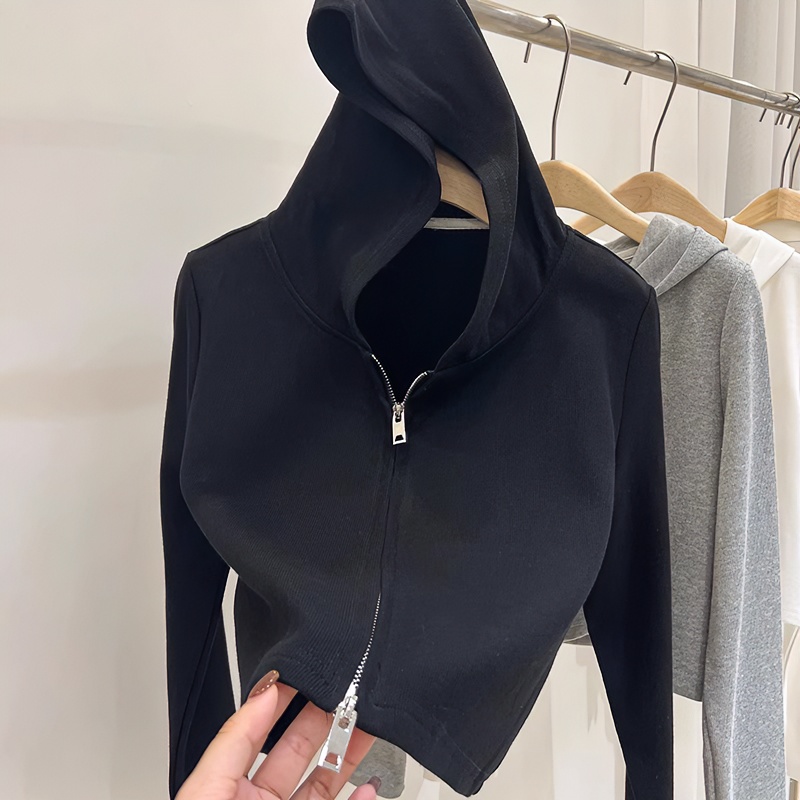 欧货螺纹长袖t恤女2025新款春秋短款上衣连帽卫衣拉链开衫外套潮