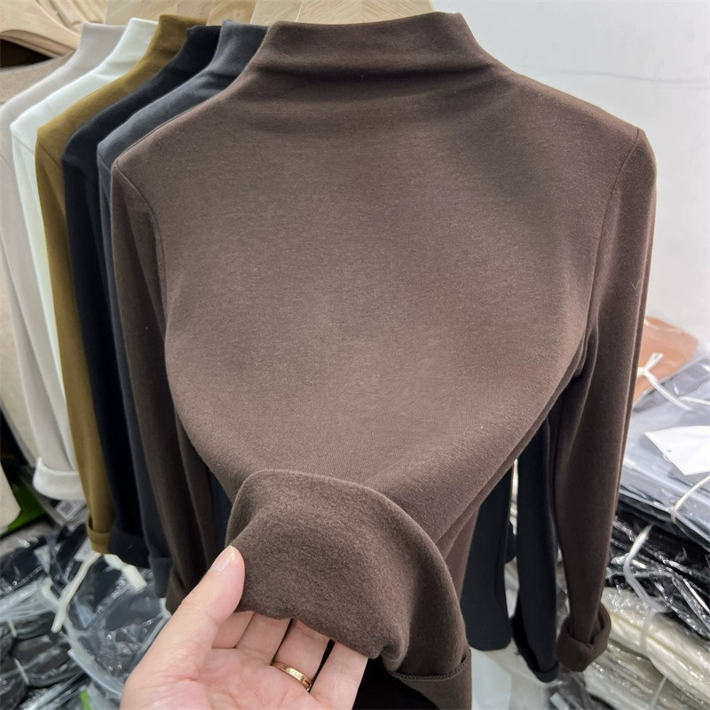 半高领加绒打底衫女内搭秋冬2023新款磨毛长袖t恤女修身显瘦上衣
