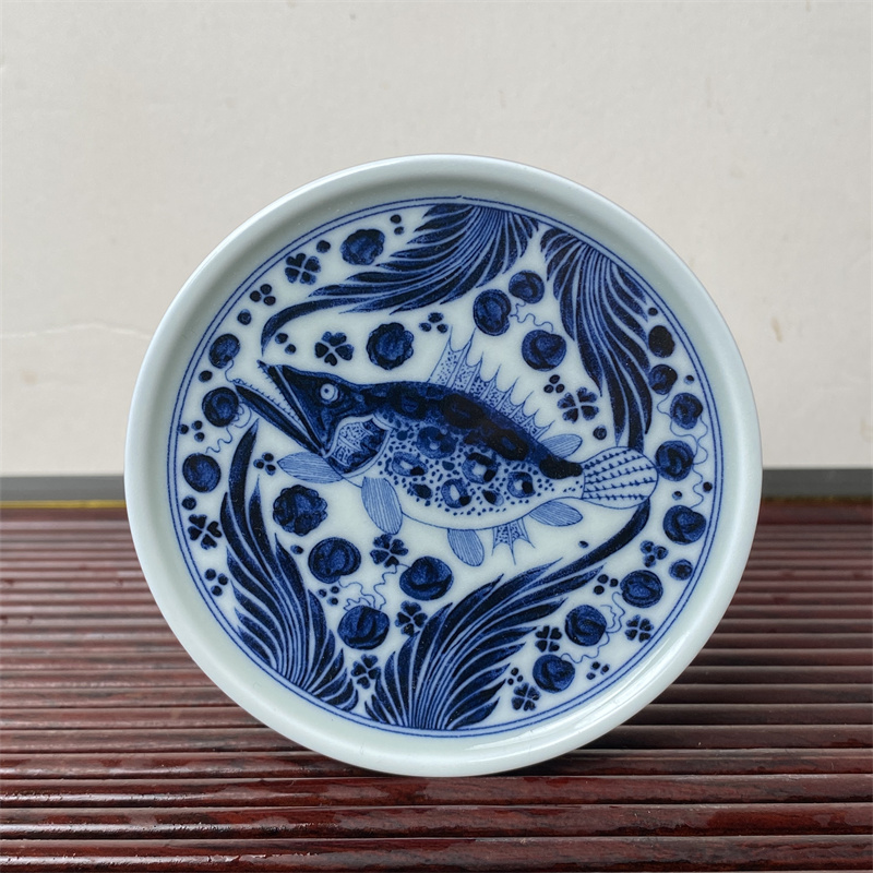 青花釉下彩鱼藻纹实心直边盖置杯垫高温瓷家用功夫茶具多用器具