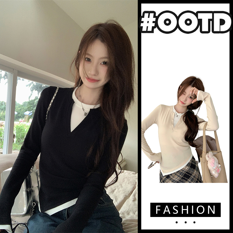 T恤女秋冬新款时尚洋气撞色假两件修身内搭打底不规则设计感上衣