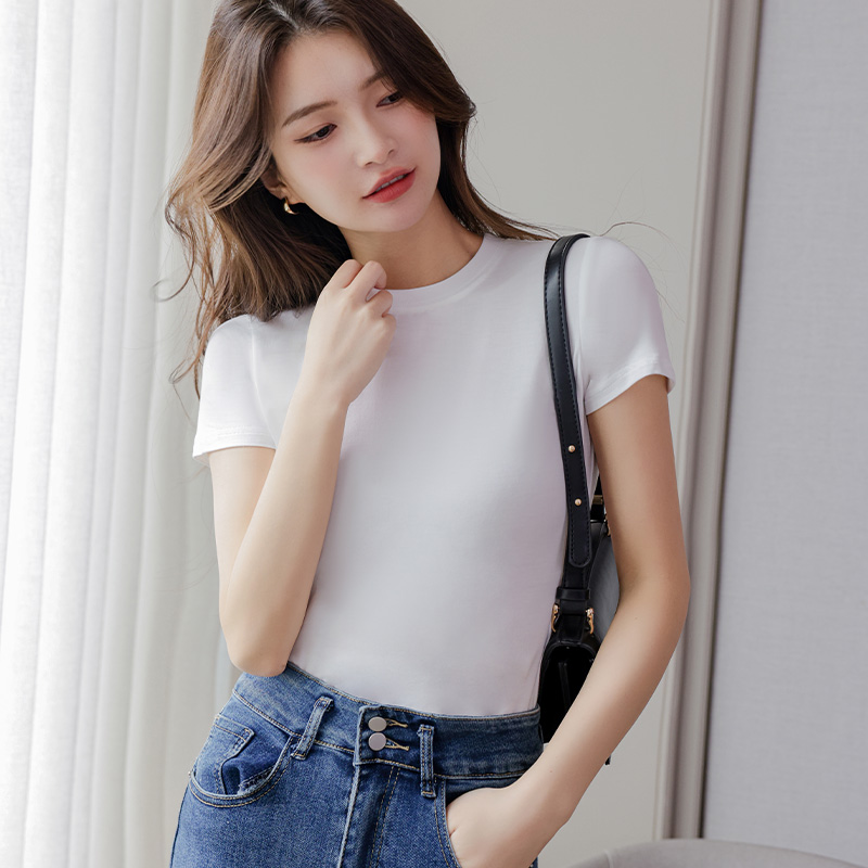 小高领纯色短袖T恤女式打底衫修身款显瘦2022春夏季内搭t桖上衣