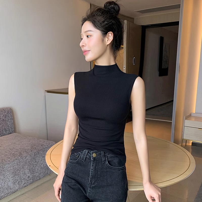 半高领螺纹背心女夏外穿2024新款内搭打底衫无袖紧身黑色吊带上衣