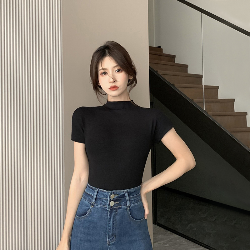莫代尔黑色半高领短袖t恤女2023春夏冰丝中领打底衫紧身半袖上衣