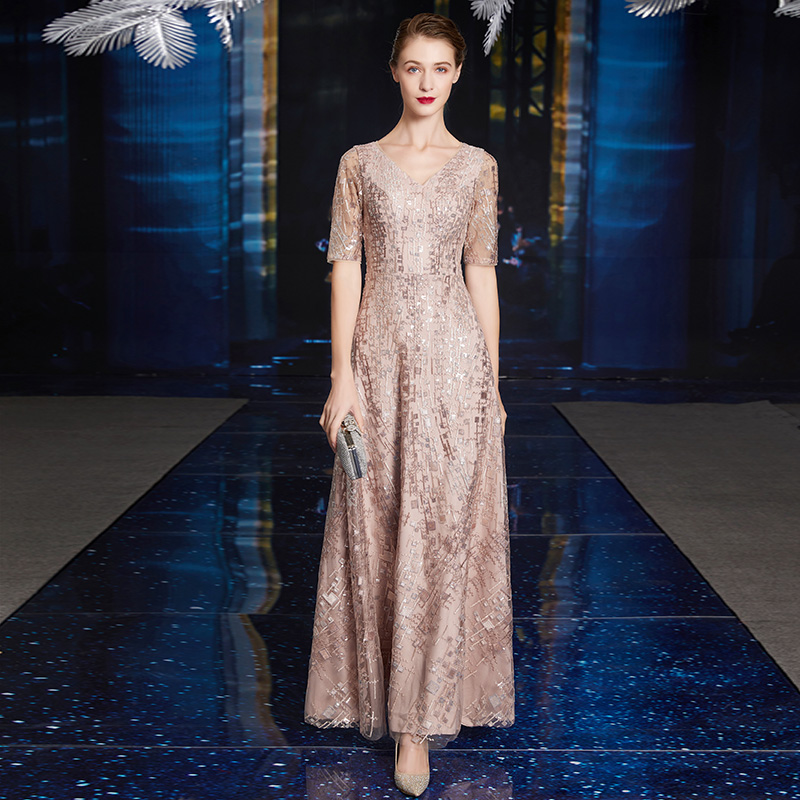 妈妈装连衣裙长款喜婆婆参加婚礼活动主持演出服减龄