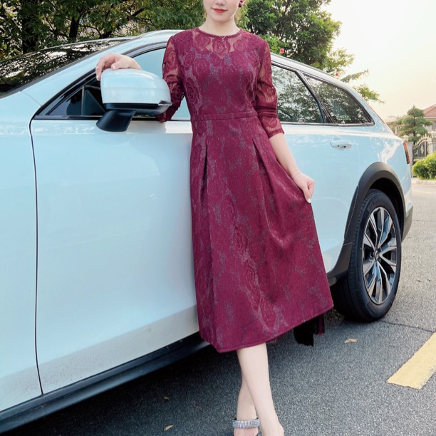 982#蕾丝圆领玫瑰印花收腰显瘦时尚中长裙妈妈装长袖气质连衣裙