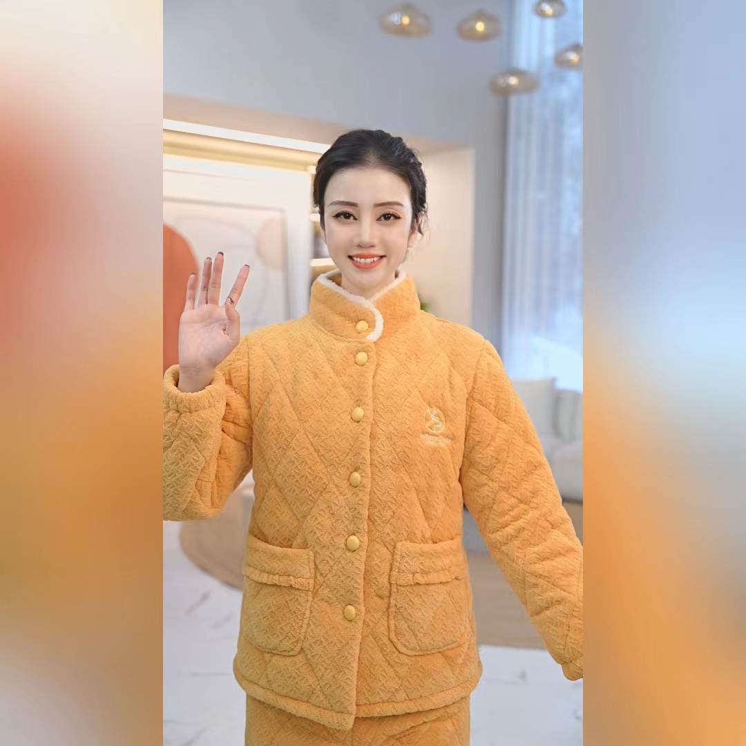 秋鹿纯色夹棉睡衣女套装冬季保暖加厚
