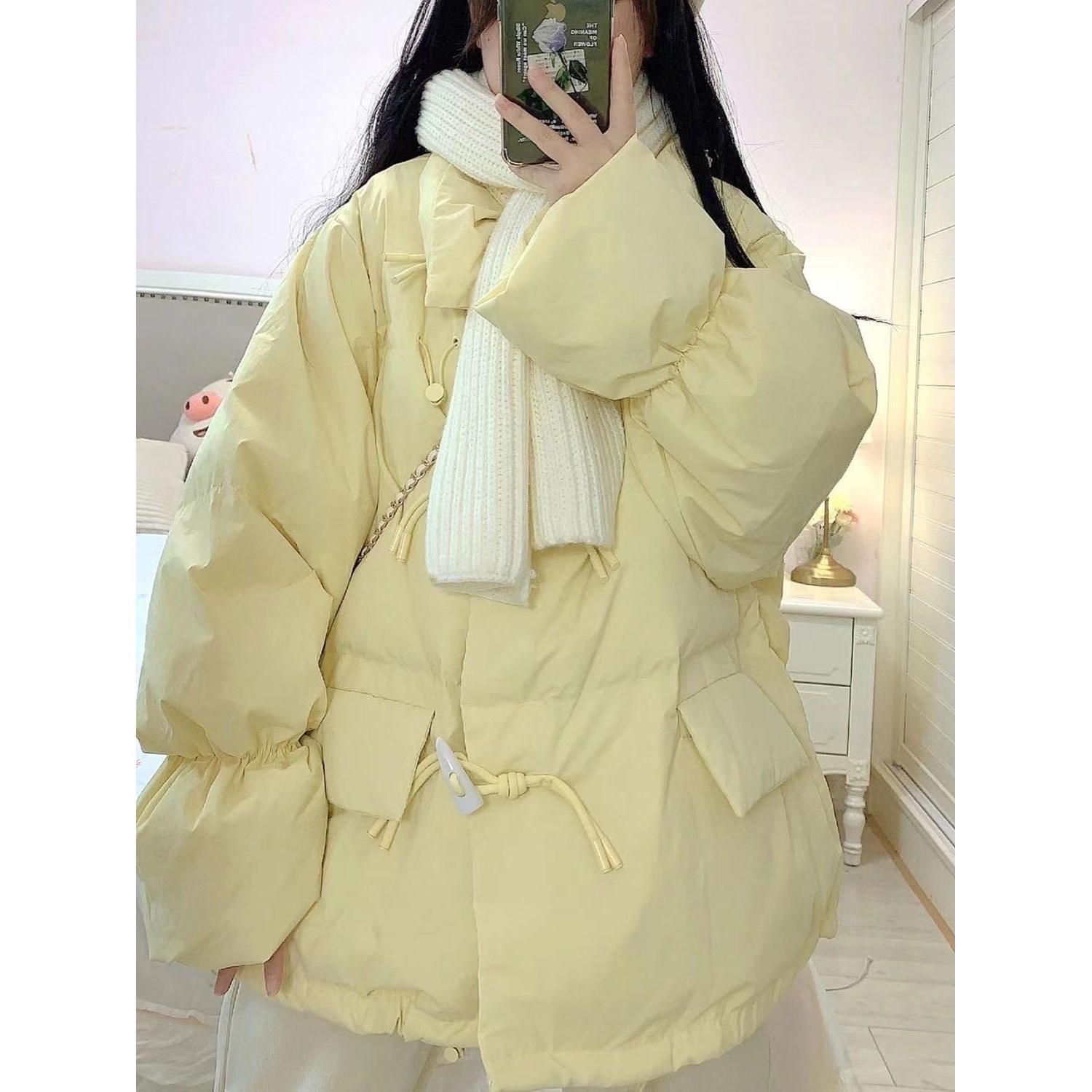 暖黄色牛角扣2023新款女冬季新款ins韩版宽松学生加厚棉服棉衣潮
