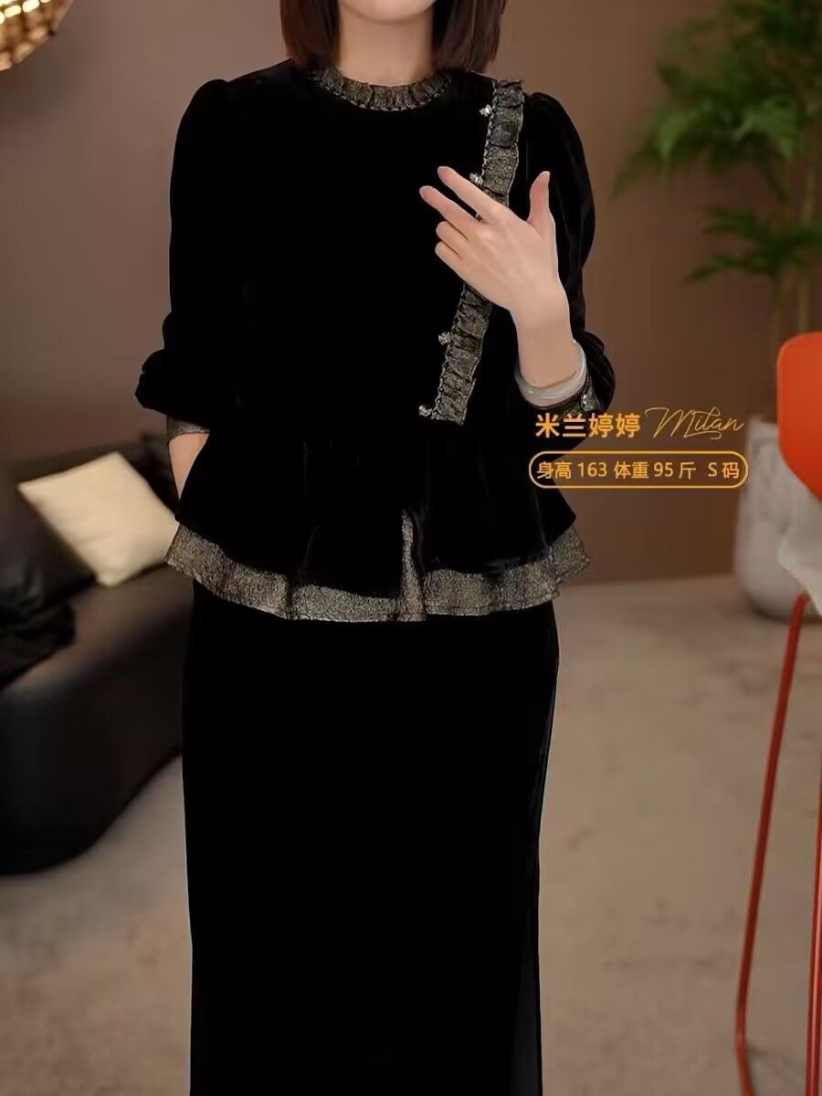 法式小众设计感裙摆长袖打底衬衫女秋冬新款黑色丝绒内搭衬衣上衣