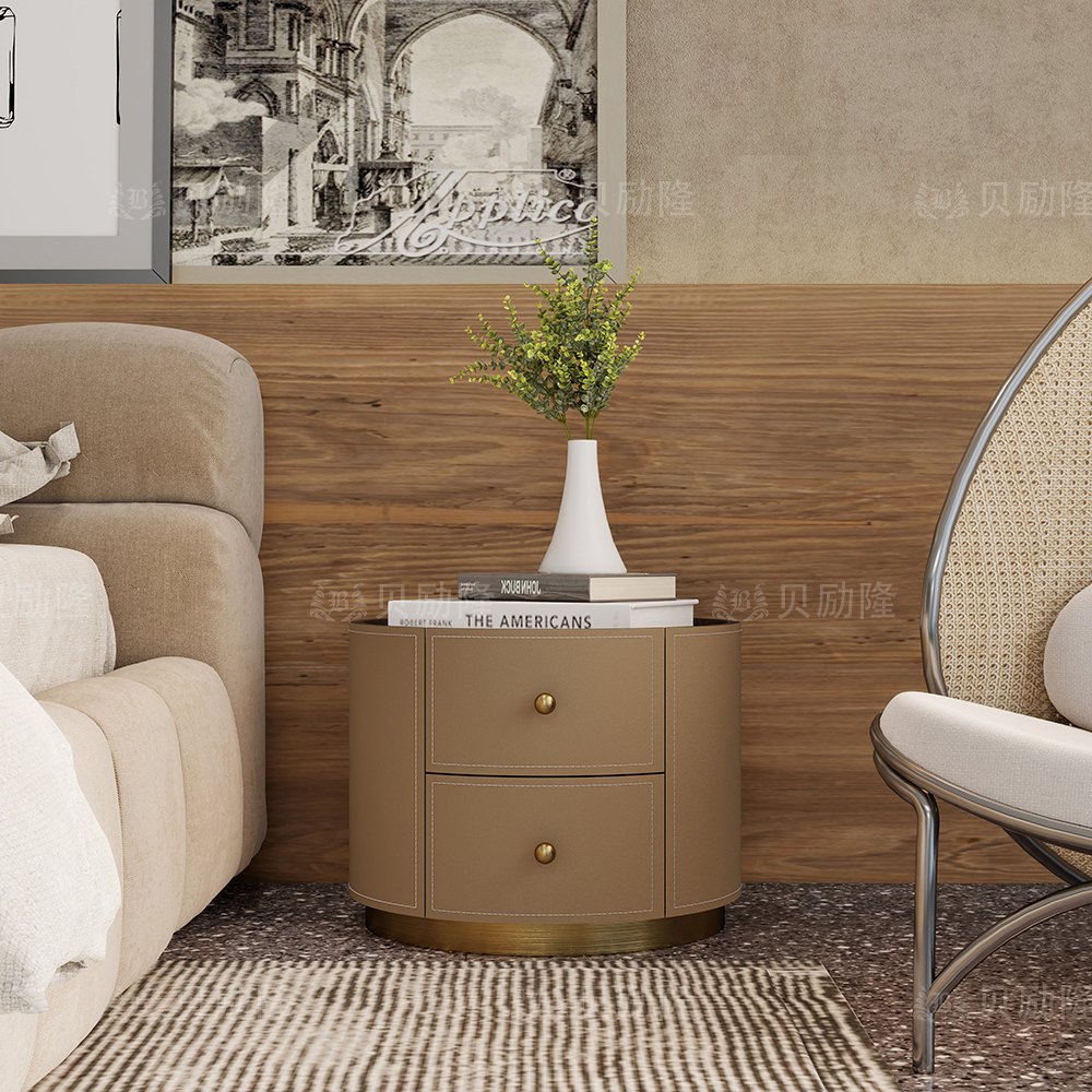 贝励隆北欧简约设计轻奢马鞍皮全包卧室创意复古床头柜边柜家用